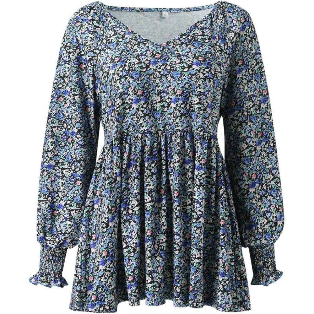 Floral Print Long Sleeve Blouse With Elastic Cuffs & Flowy Hemline, size XL, NWT